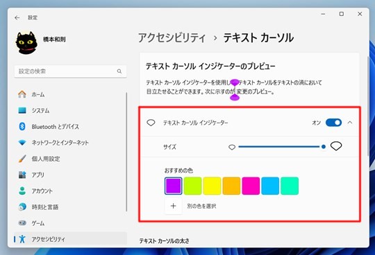 Win 11で見つけにくい文字カーソルの色や太さを変更する