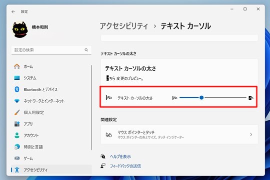 Win 11で見つけにくい文字カーソルの色や太さを変更する