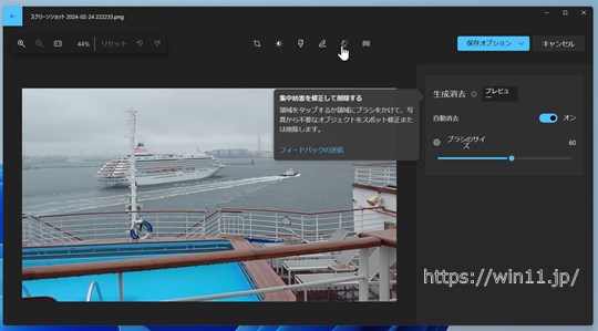 横浜港から出向したダイプリから撮影した飛鳥IIのテンダーボートをマジック消しゴムで消す ～Windows 11 2024年新機能